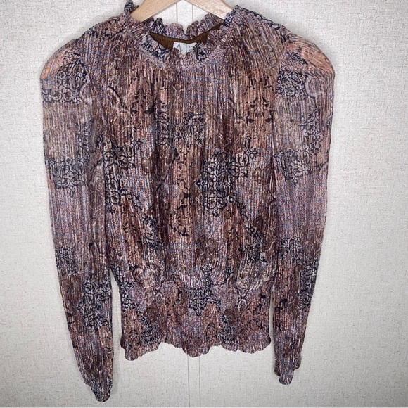 Joie Size Large Metallic Longsleeve High Neckline Top with Stretchy Waist - Picture 2 of 10